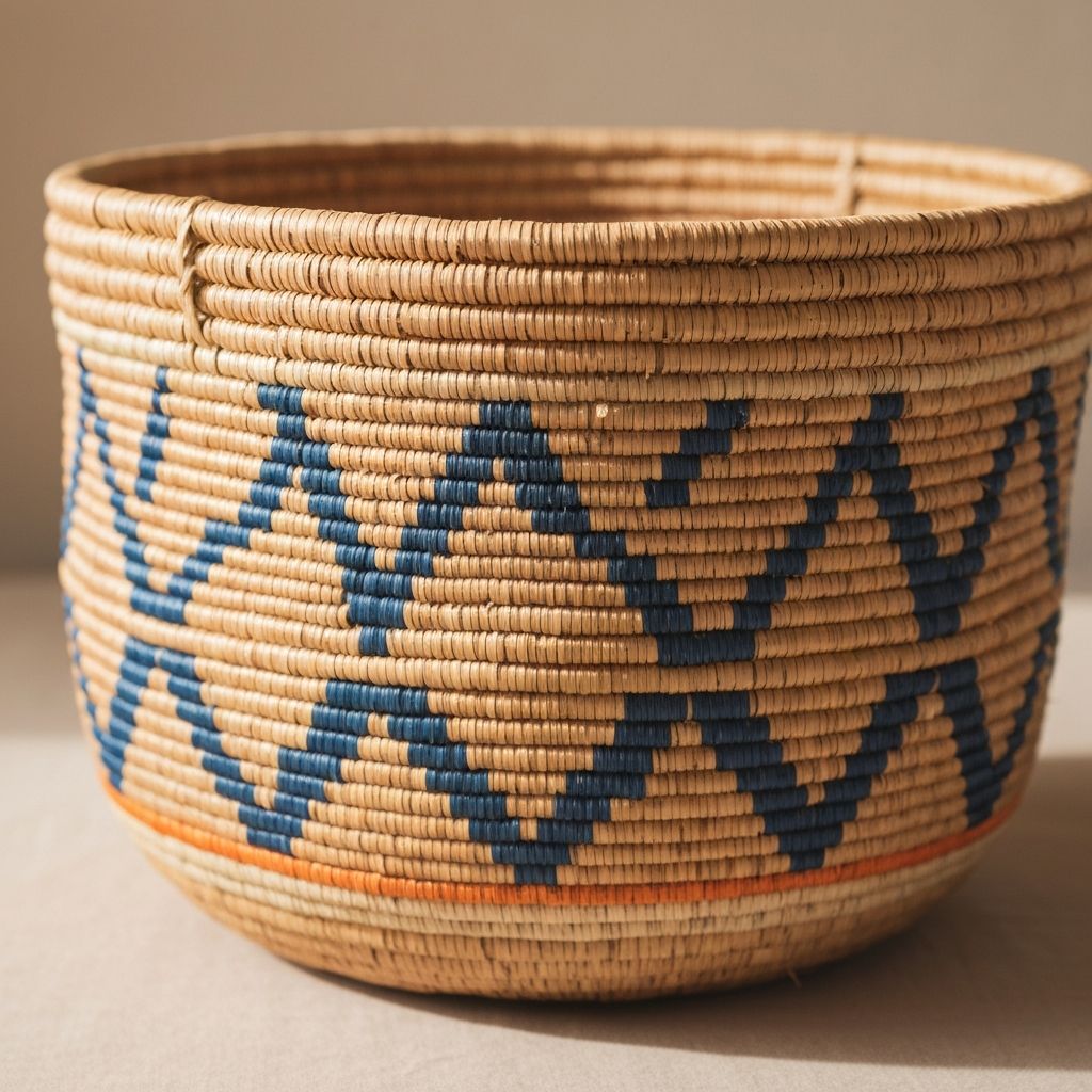 Bold cobalt and saffron geometric patterned handmade bag against plaster wall