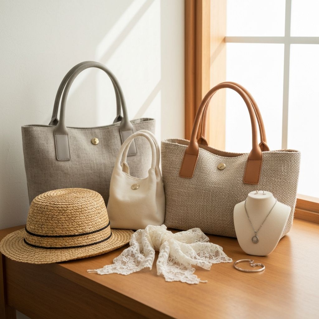Flat lay of handmade bags in neutral natural textile tones