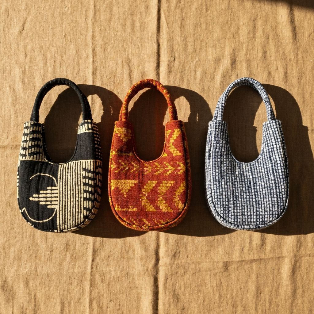 Three U-Bags side by side in mudcloth, Aso-Oke, and indigo mudcloth — same silhouette, three different expressions